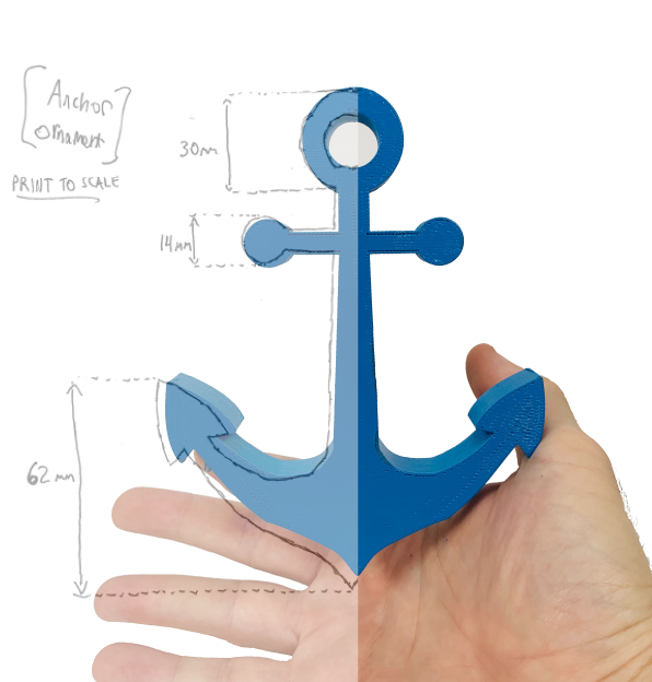 A simple 2D sketch outline of an anchor alongside its 3D Printed counterpart.