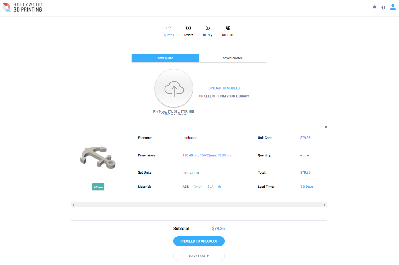 when you sign into your user account, you can get an instant online 3d printing quote by uploading your 3d model files